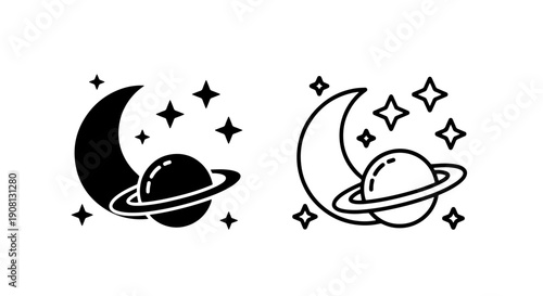 Planet Saturn with Rings, Moon, and Stars - Cosmic Icon Set
