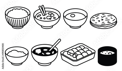 Collection of Asian Food Icons: Rice, Soup, and Dumplings