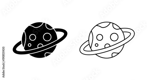 Vector Icons: Black and White Silhouette of a Ringed Planet, Simple Flat Design