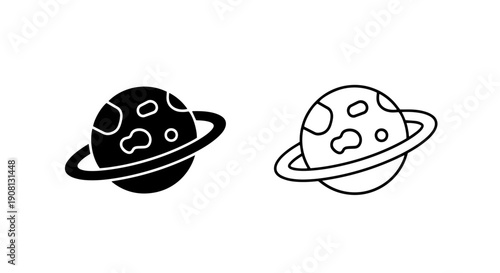 Vector Illustrations: Black and White Silhouettes of a Planet with Ring and Circles