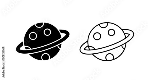 Icons: Black and White Silhouette of a Ringed Planet with Circles, Flat Vector Style