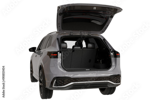 Modern gray SUV, rear view, with its tailgate open. The spacious, empty cargo area and rear passenger seats are visible, emphasizing practicality and storage