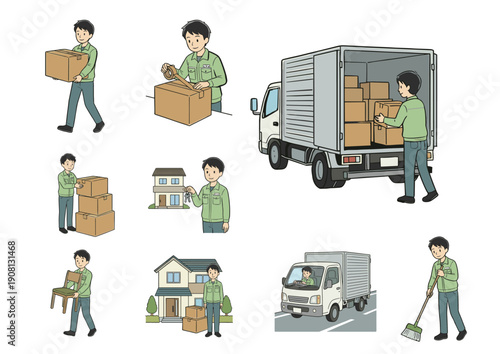 引っ越し・運搬サービスの作業工程イラスト（男性）
