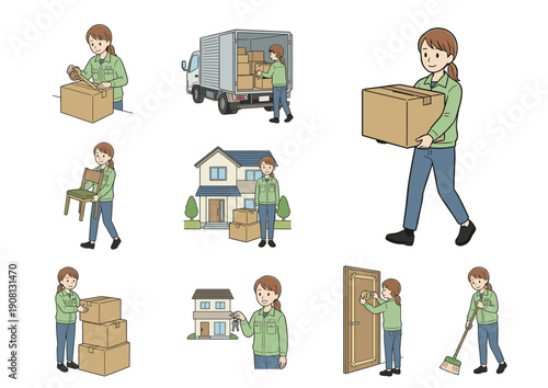 引っ越し・運搬サービスの作業工程イラスト（女性）