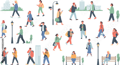 Flat vector illustration set of diverse people walking, sitting, and using phones in a modern city environment, perfect for urban lifestyle, daily routine, and public space concepts.