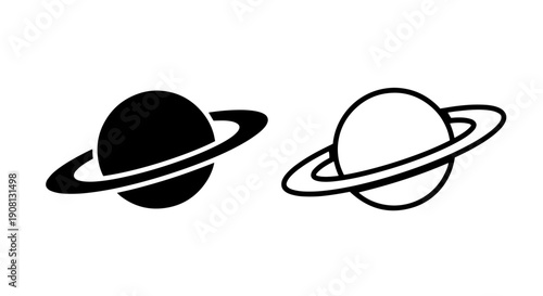 Ringed Planet Vector Icon in Black and White, Simple Flat Design for Space Themes