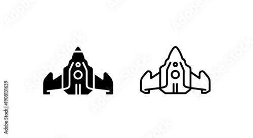 Futuristic spaceship icons: front view, black and outline for space exploration themes