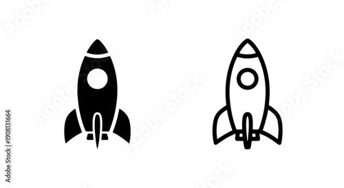 Simple rocket icons: black silhouette and outline for launch, speed, and space