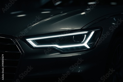 Close-up shot of a gray car headlight showcasing modern design and bright LED lights. Suitable for automotive, tech, and transportation related marketing and advertising.