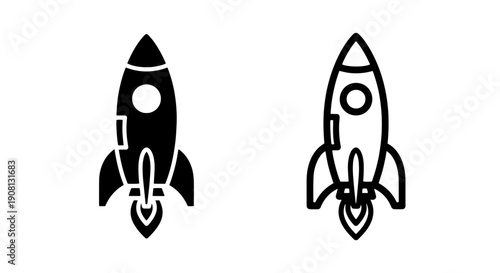 Rocket ship icons: black silhouette and outline with exhaust for space travel