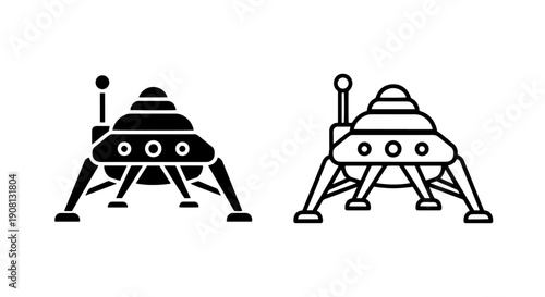 Vector icons of lunar lander, solid and outline styles, on white background
