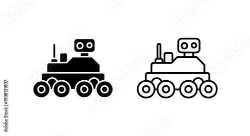 Vector icons of Mars rover, solid and outline styles, on white background