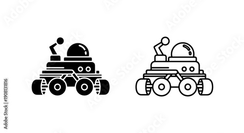 Vector icons of planetary rover, solid and outline styles, on white background