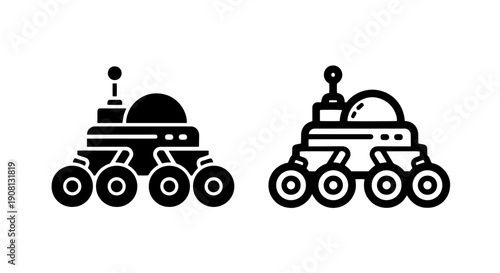 Vector icons of exploration rover, solid and outline styles, on white background