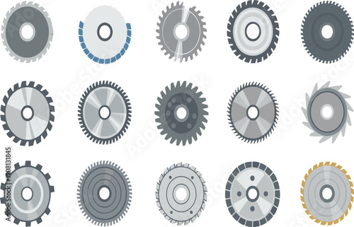 Industrial Gear and Cogwheel Illustration Set Showing Various Mechanical Shapes, Sizes, and Tooth Designs for Engineering and Machinery Concepts