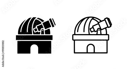 Vector icons of observatory dome, solid and outline styles, on white background