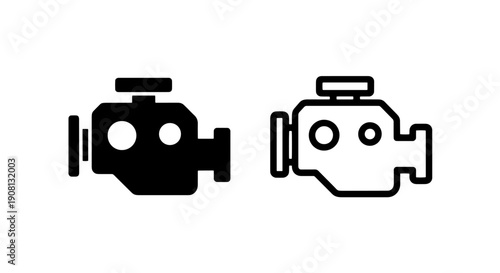 Car Engine Icons: Internal Combustion Symbols in Solid Black and Outline