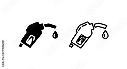 Fuel Pump Icons with Dripping Fuel: Gas Station Symbols in Solid Black and Outline