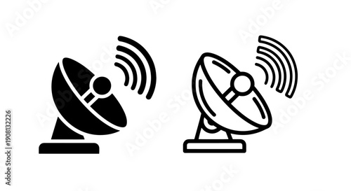 Parabolic antenna icons, solid and outline, for receiving and sending signals
