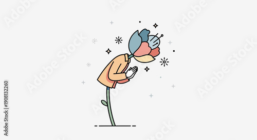 Abstract Flower Character Bowing with Sparkles, Minimalist Illustration