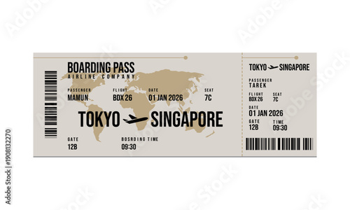 Boarding pass for flight from Tokyo to Singapore with passenger details