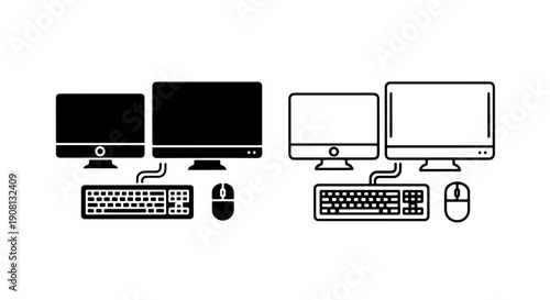 Dual computer monitor icons with keyboard and mouse, technology setup for multitasking and design