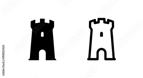 Castle tower icons, medieval fortress silhouette for history and fantasy themes, black and white