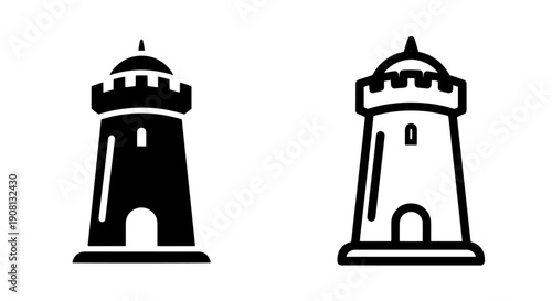 Lighthouse tower icons, navigation beacon silhouette for maritime and safety themes, black and white