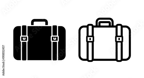 Travel suitcase icons, luggage silhouette for vacation and journey themes, black and white vectors