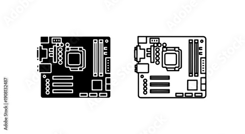 Motherboard icons, computer mainboard vector graphics for technology and hardware components