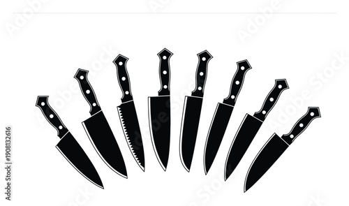 Collection of Chef Knives Arranged in a Fan Shape on White Background