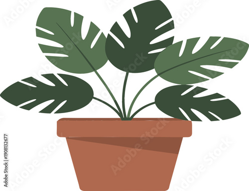 Minimal potted monstera houseplant illustration with tropical green leaves, modern indoor plant decor vector isolated on white background