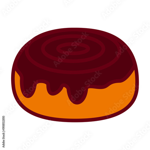 Sweet cinnamon roll icon with chocolate glaze, Freshly baked pastry illustration, Delicious swirl bread with dripping icing, Bakery shop dessert symbol, Gourmet snack flat design