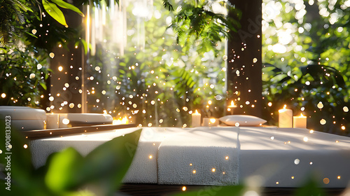 Serene spa setting featuring massage tables adorned with soft linens, surrounded by lush greenery and glowing candles, creating tranquil
