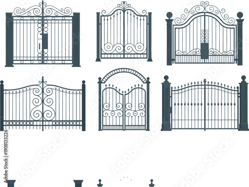 Ornamental wrought iron gate vector set with classic decorative metal fence designs, elegant entrance gates isolated on white background