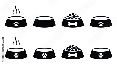 Collection of Dog Food Bowls: Hot, Empty, Full, and Paw Print Decorated