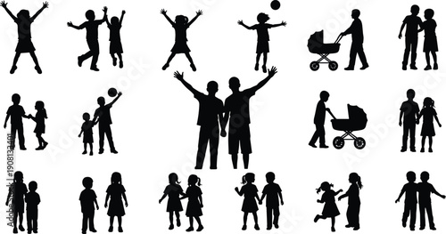 Family and children silhouettes set showing parents with kids playing, walking and caring together isolated on white background illustration concept