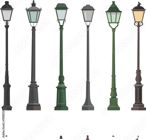 Vintage street lamp vector set with classic outdoor lamppost designs, decorative city lighting collection isolated on white background