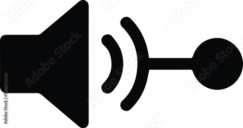 Black and white icon of a speaker emitting sound waves and a dot audio music