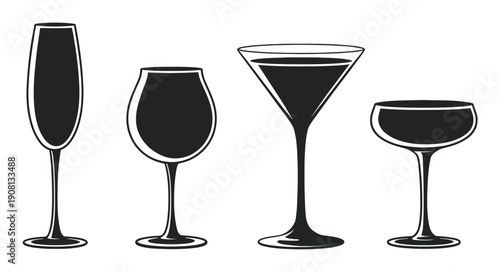 Collection of Four Silhouette Drink Glasses: Champagne, Wine, Martini, and Coupe
