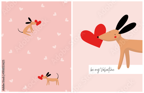 Photography Vector Illustration And Seamless Pattern With Cute Dogs And Hearts