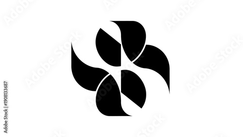 Abstract Black Swirls and Curves Forming a Stylized Flower or Pinwheel on White Background