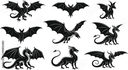 Black dragon silhouette set featuring flying and standing fantasy dragons, detailed vector illustrations isolated on white background for mythical, gothic, and game design use