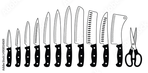 Collection of Kitchen Knives and Scissors in a Row