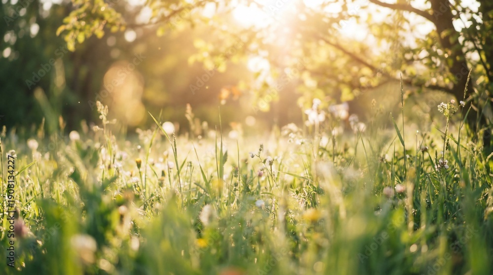 Fototapeta premium Bright sun shines through the leaves illuminating a field of tall green grass and small white wildflowers during springtime.