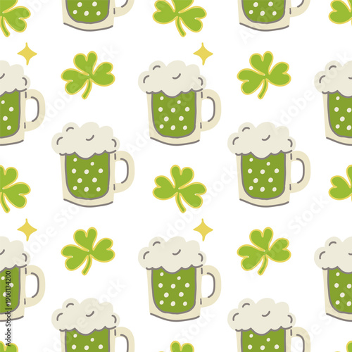 St. Patrick's Day vector seamless pattern with green beer mugs perfect for seasonsal designs, invitations, greeting cards.