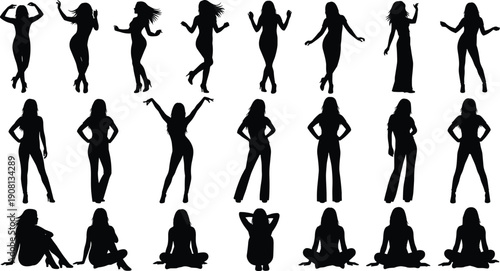 Female dancer silhouettes collection isolated on white background showing dancing posing yoga fashion lifestyle vector illustration set black elegant women