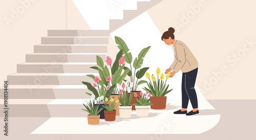 Woman Tending Potted Plants on Stairs with Natural Light