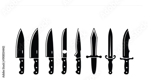 Collection of Silhouetted Knives and Daggers on White Background