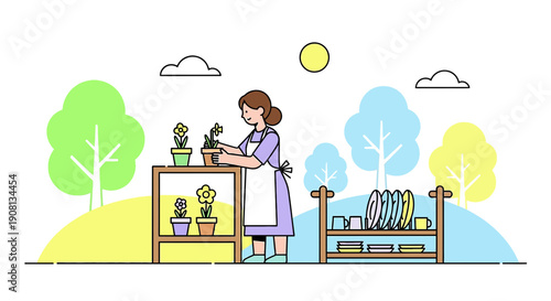 Woman tending potted plants, flat illustration, minimalist floral design, outdoor scene
